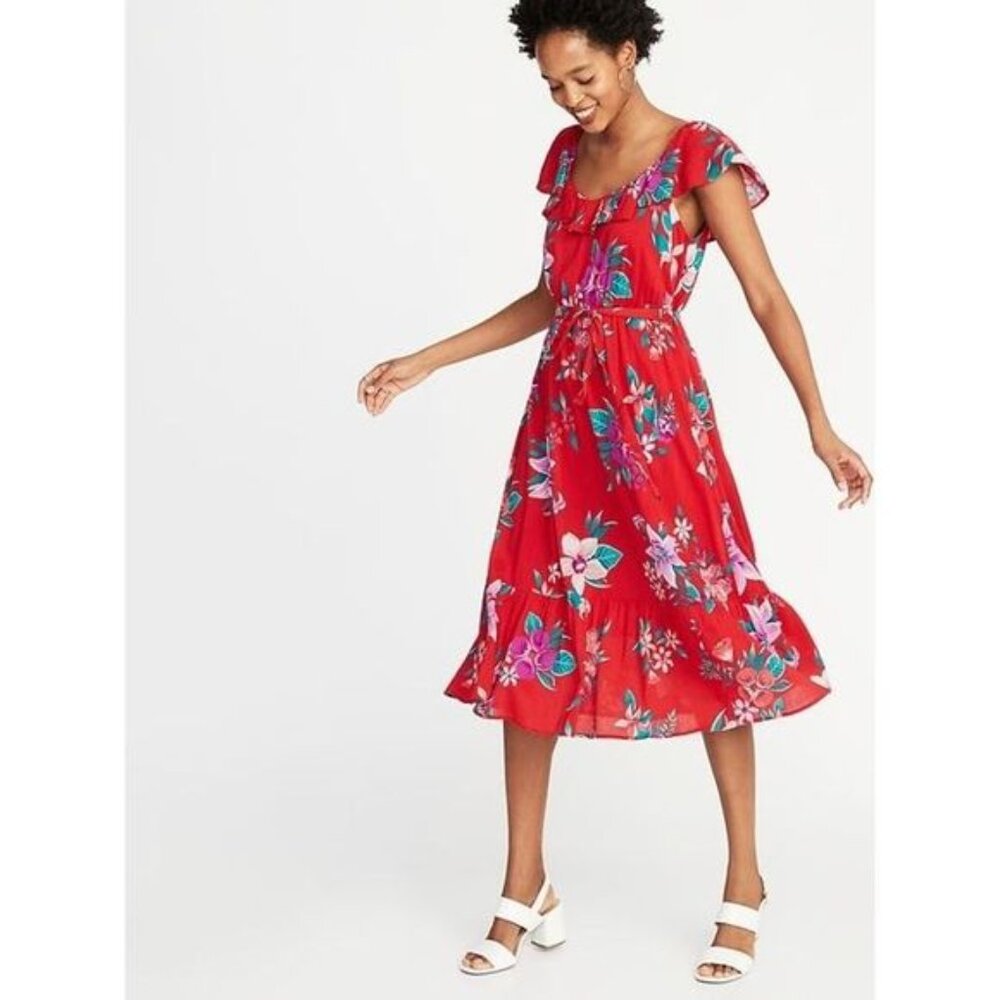 Old Navy red floral tropical print dress, M